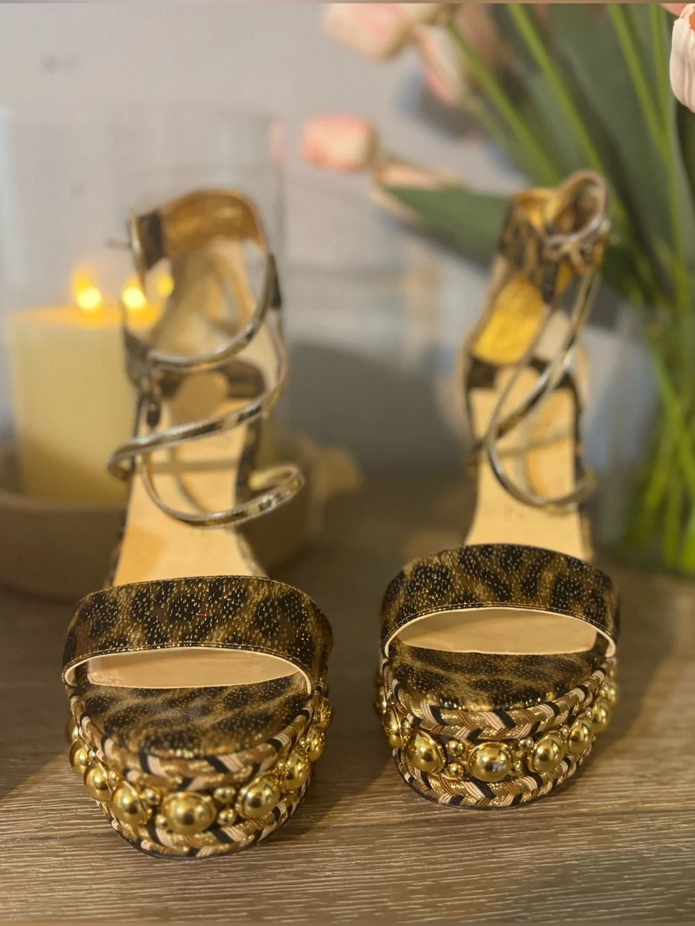 Christian Louboutin Leopard Print Wedge Sandals with Gold Accents